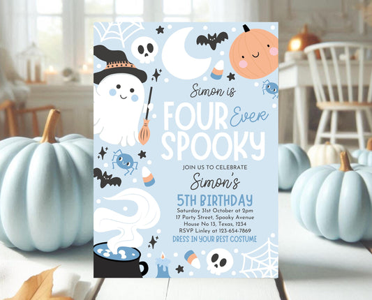 Editable Blue Halloween Birthday Invitation, Halloween Fourth Birthday Invitation, Four Ever Spooky Invite, Blue Halloween Invite, PHBP05