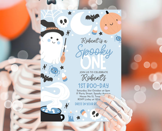 Editable Blue Halloween Birthday Invitation, Halloween First Birthday Invitation, Spooky One Invite, Blue Halloween Invitation, PHBP05