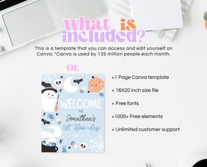 Editable Blue Halloween Birthday Welcome Sign, Halloween Party Welcome Poster, Ghouls Party, Blue Halloween Sign, Instant Download, PHBP05