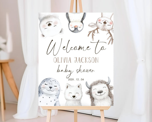 Editable Winter Arctic Animals Baby Shower Welcome Sign, Winter Baby Shower Welcome Poster, Snow Much Fun Baby, Winter Baby Animals, WBS01