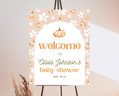 Editable A Little Pumpkin Baby Shower Welcome Sign, Fall Pumpkin Baby Shower Sign, Daisy Pumpkin Baby Shower, Boho Fall Baby Shower, FPBS06