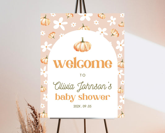 Editable A Little Pumpkin Baby Shower Welcome Sign, Fall Pumpkin Baby Shower Sign, Daisy Pumpkin Baby Shower, Boho Fall Baby Shower, FPBS06