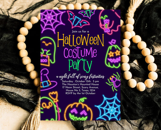 Editable Neon Halloween Costume Party Invitation, Spooky Halloween Party Invite, Neon Halloween Birthday Invite, Neon Invitation, PHBP07