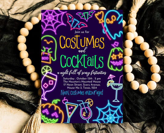 Editable Neon Halloween Costumes And Cocktails Invitation, Spooky Halloween Party Invite, Printable Neon Cocktail Halloween Invite, PHBP07