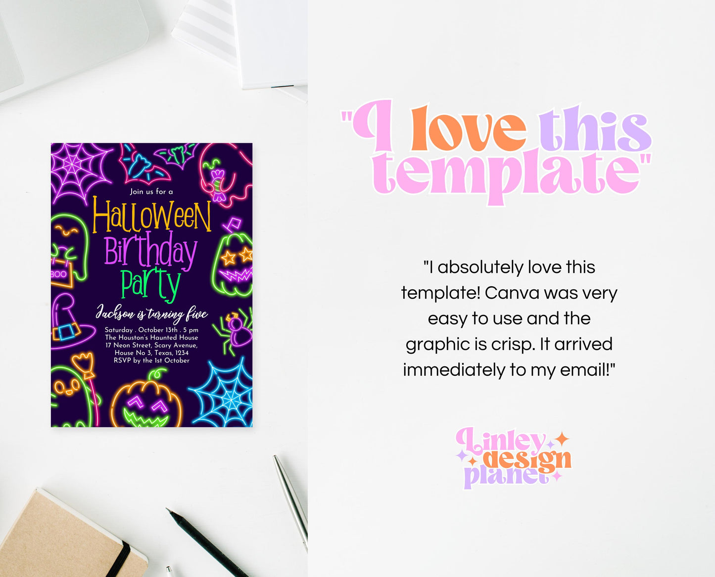 Editable Neon Halloween Birthday Invitation Template, Spooky Halloween Invite, Neon Halloween Party Invite, Neon Halloween Invite, PHBP07