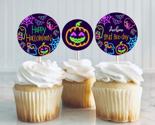 Editable Neon Halloween Cupcake Toppers, Spooky Halloween Party Cake Topper, Printable Neon Halloween Birthday Decor, Neon Halloween, PHBP07