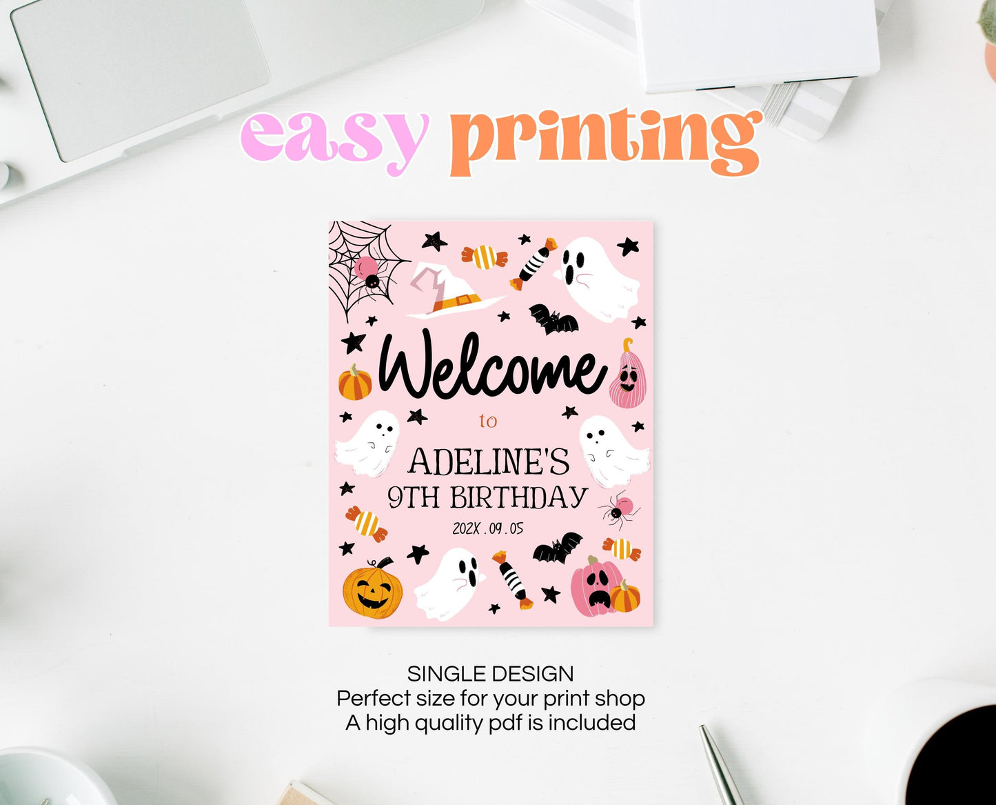 Editable Pink Halloween Birthday Welcome Sign, Halloween Costume Party, Spooky Birthday, Pink Halloween Welcome Poster, Printable, PHBP03
