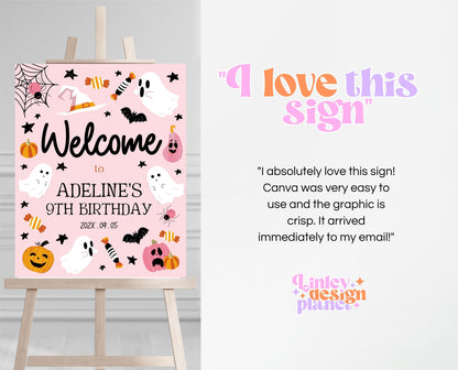 Editable Pink Halloween Birthday Welcome Sign, Halloween Costume Party, Spooky Birthday, Pink Halloween Welcome Poster, Printable, PHBP03