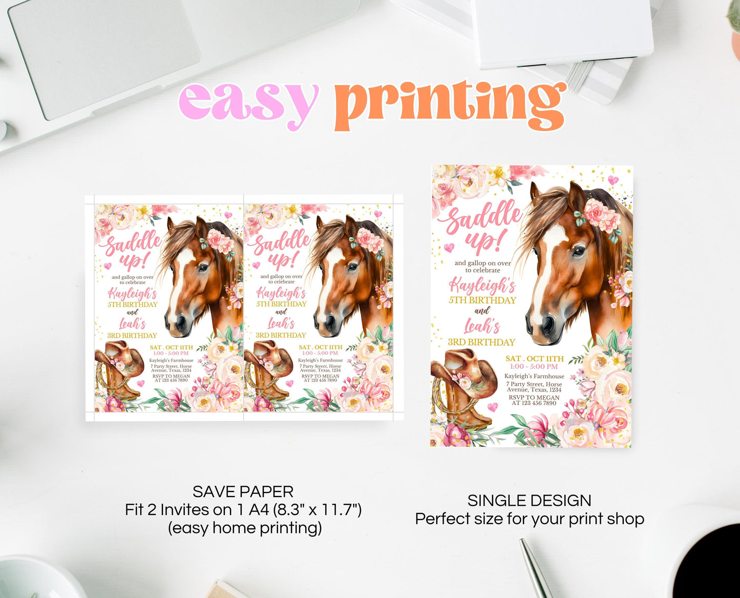 Editable Cowgirl Birthday Joint Invitation Template, Girl Horse Birthday Invitation, Cowgirl Party Horse Invite, Siblings Birthday Invite