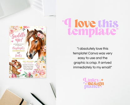 Editable Cowgirl Birthday Joint Invitation Template, Girl Horse Birthday Invitation, Cowgirl Party Horse Invite, Siblings Birthday Invite