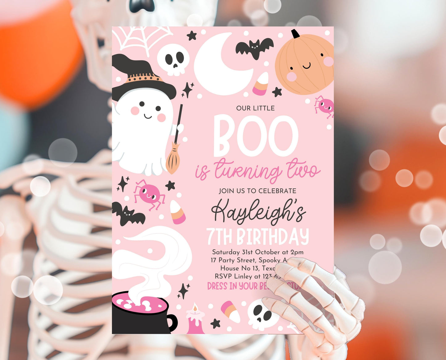 Editable Pink Halloween Birthday Invitation, Halloween Second Birthday Invitation, Little Boo Turning Two, Pink Halloween Invitation, PHBP04