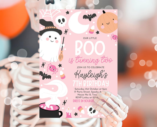 Editable Pink Halloween Birthday Invitation, Halloween Second Birthday Invitation, Little Boo Turning Two, Pink Halloween Invitation, PHBP04