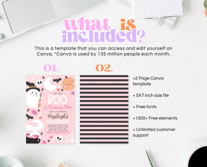 Editable Pink Halloween Birthday Invitation, Halloween Second Birthday Invitation, Little Boo Turning Two, Pink Halloween Invitation, PHBP04