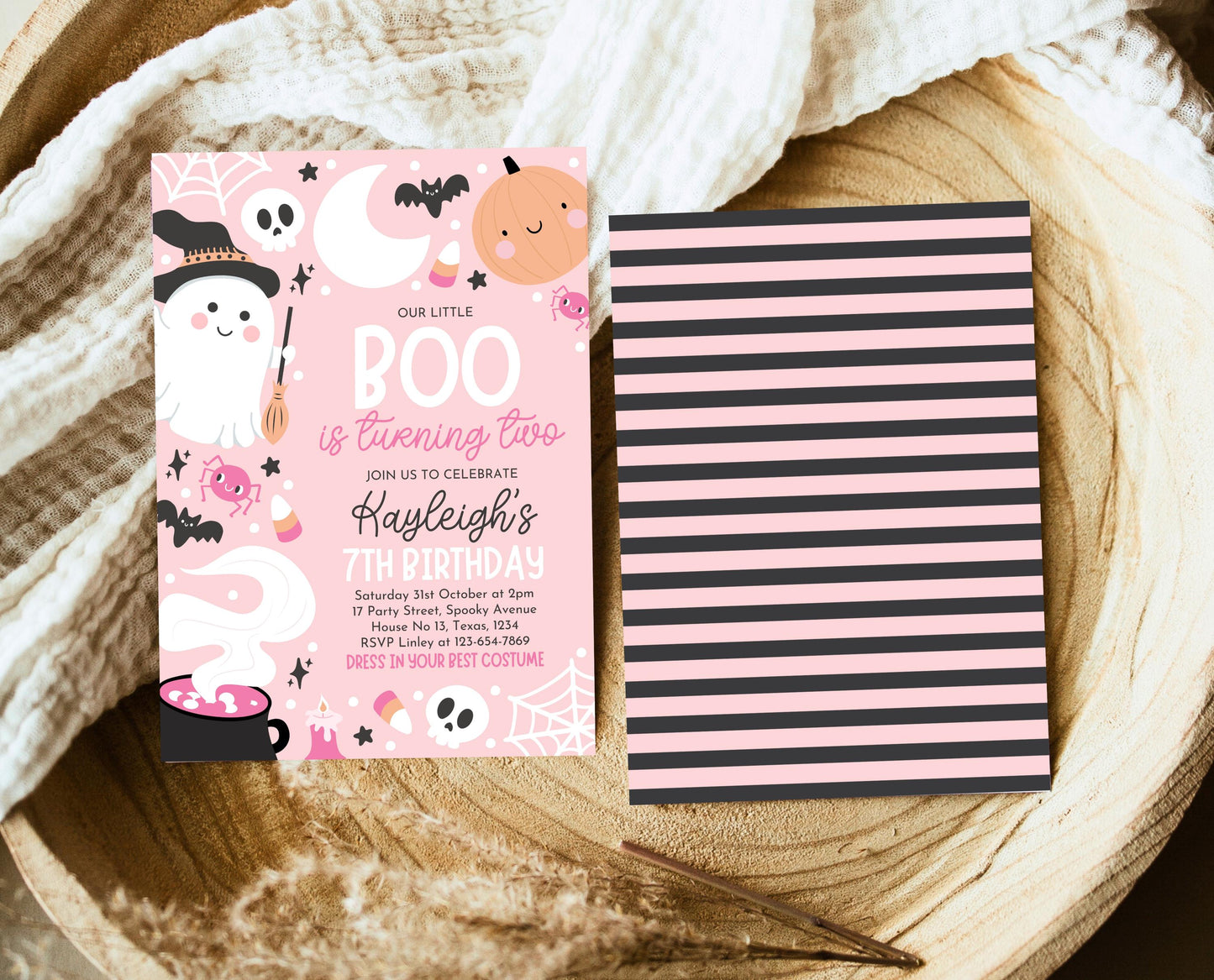 Editable Pink Halloween Birthday Invitation, Halloween Second Birthday Invitation, Little Boo Turning Two, Pink Halloween Invitation, PHBP04