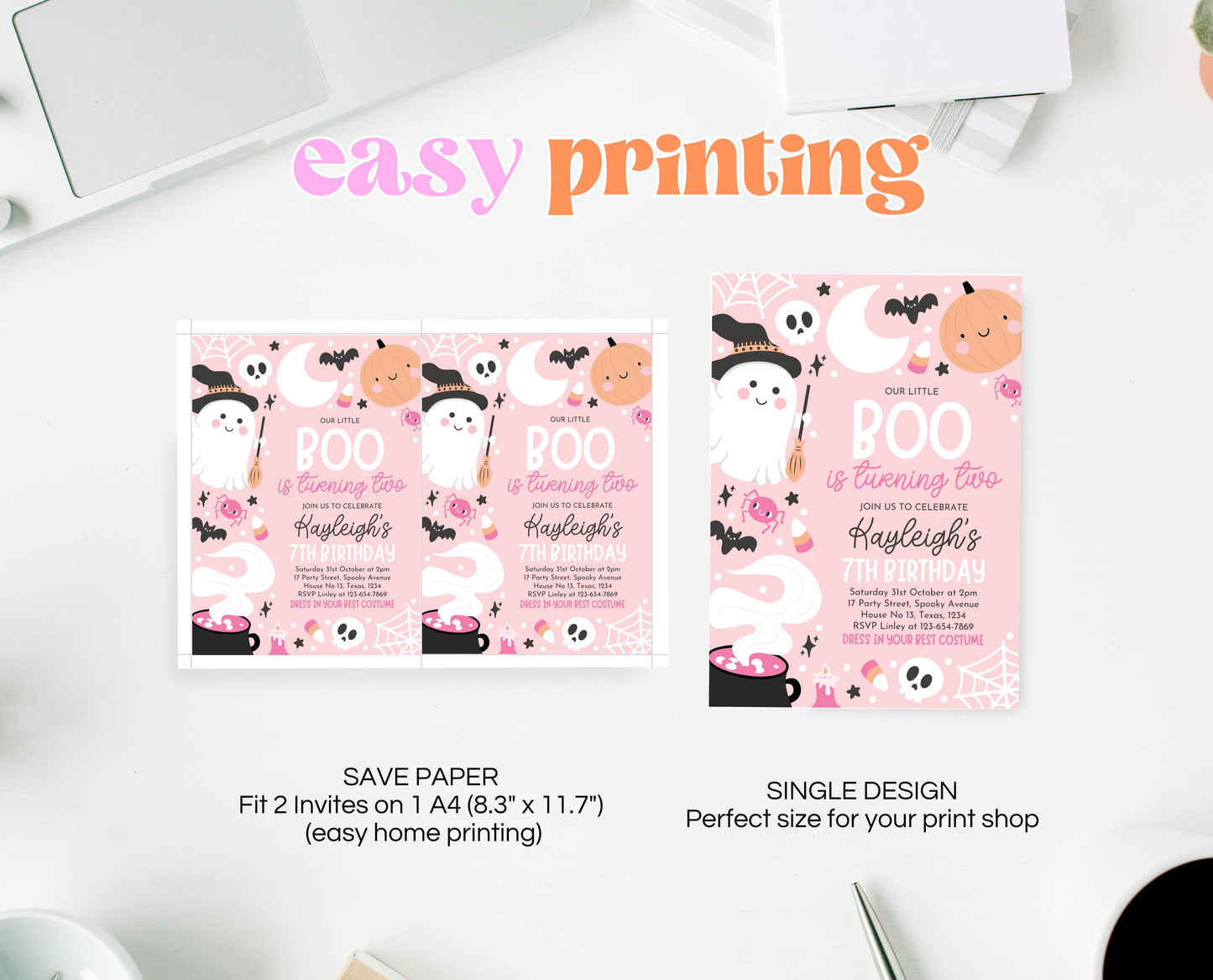 Editable Pink Halloween Birthday Invitation, Halloween Second Birthday Invitation, Little Boo Turning Two, Pink Halloween Invitation, PHBP04