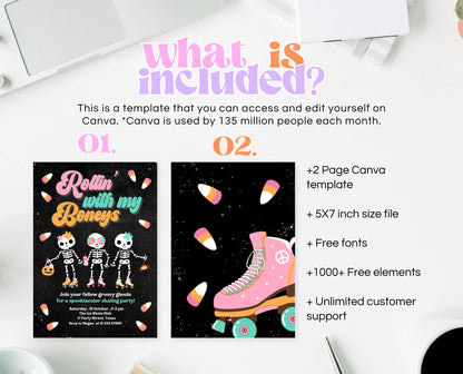 Editable Rollin' With My Boneys Halloween Skating Party Invitation Template, Halloween Skate Party Invitation, Retro Halloween Skate Invite
