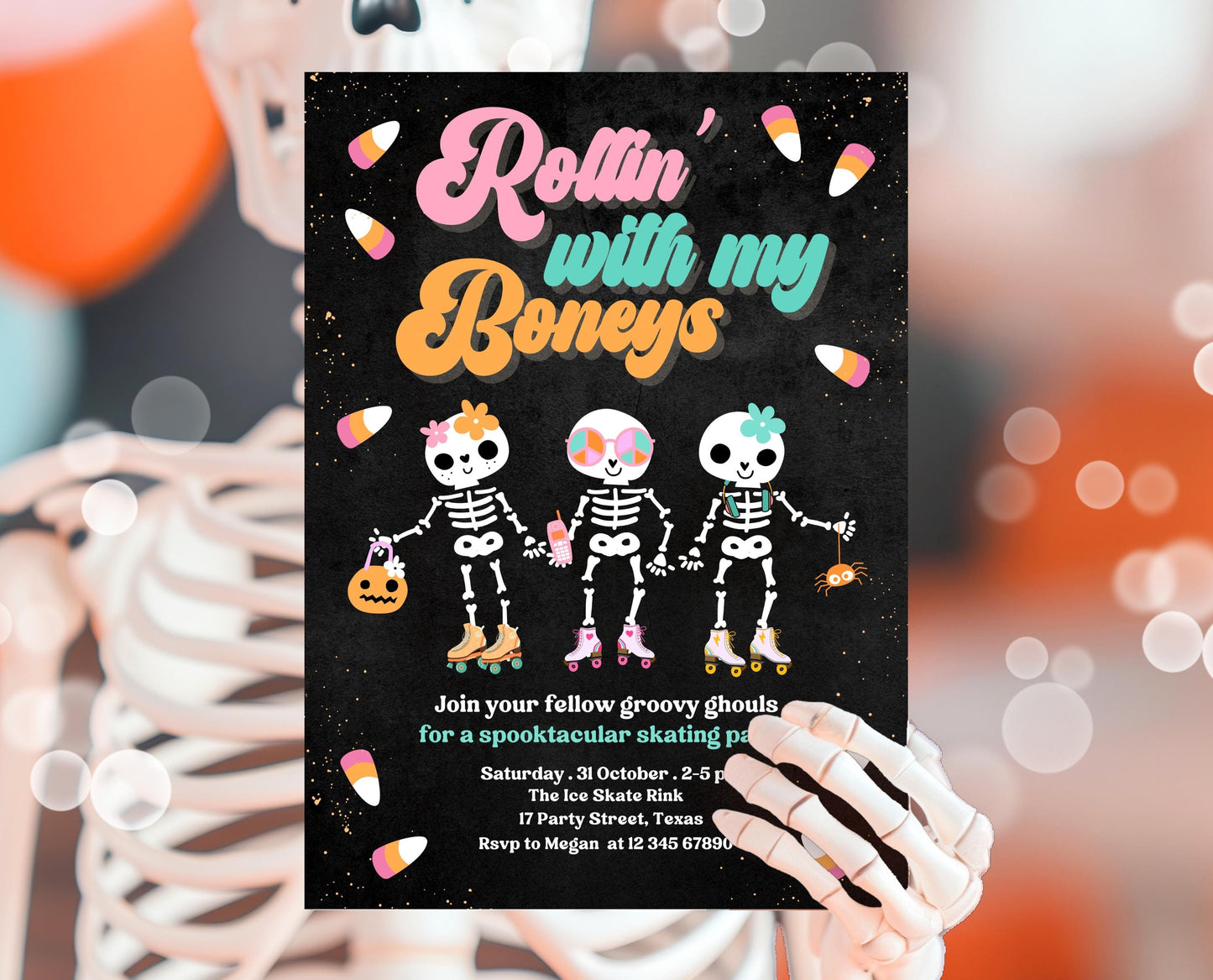 Editable Rollin' With My Boneys Halloween Skating Party Invitation Template, Halloween Skate Party Invitation, Retro Halloween Skate Invite