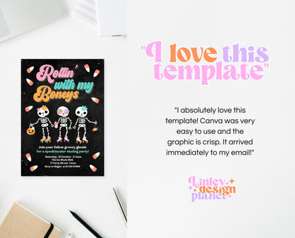Editable Rollin' With My Boneys Halloween Skating Party Invitation Template, Halloween Skate Party Invitation, Retro Halloween Skate Invite