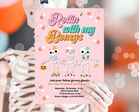Editable Rollin' With My Boneys Halloween Skating Party Invitation Template, Halloween Skate Party Invitation, Retro Halloween Skate Invite