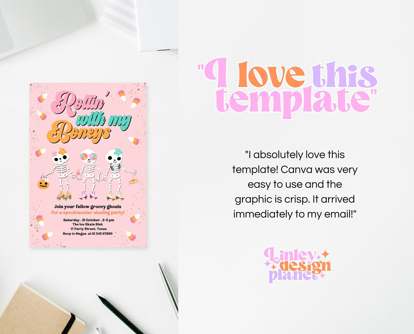 Editable Rollin' With My Boneys Halloween Skating Party Invitation Template, Halloween Skate Party Invitation, Retro Halloween Skate Invite