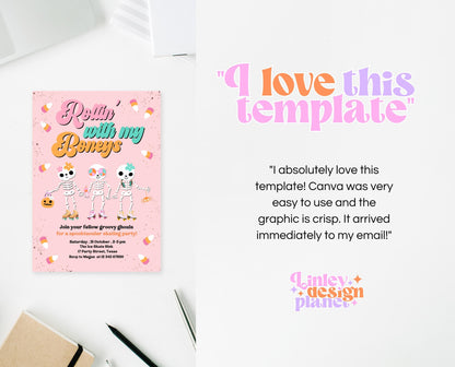 Editable Rollin' With My Boneys Halloween Skating Party Invitation Template, Halloween Skate Party Invitation, Retro Halloween Skate Invite