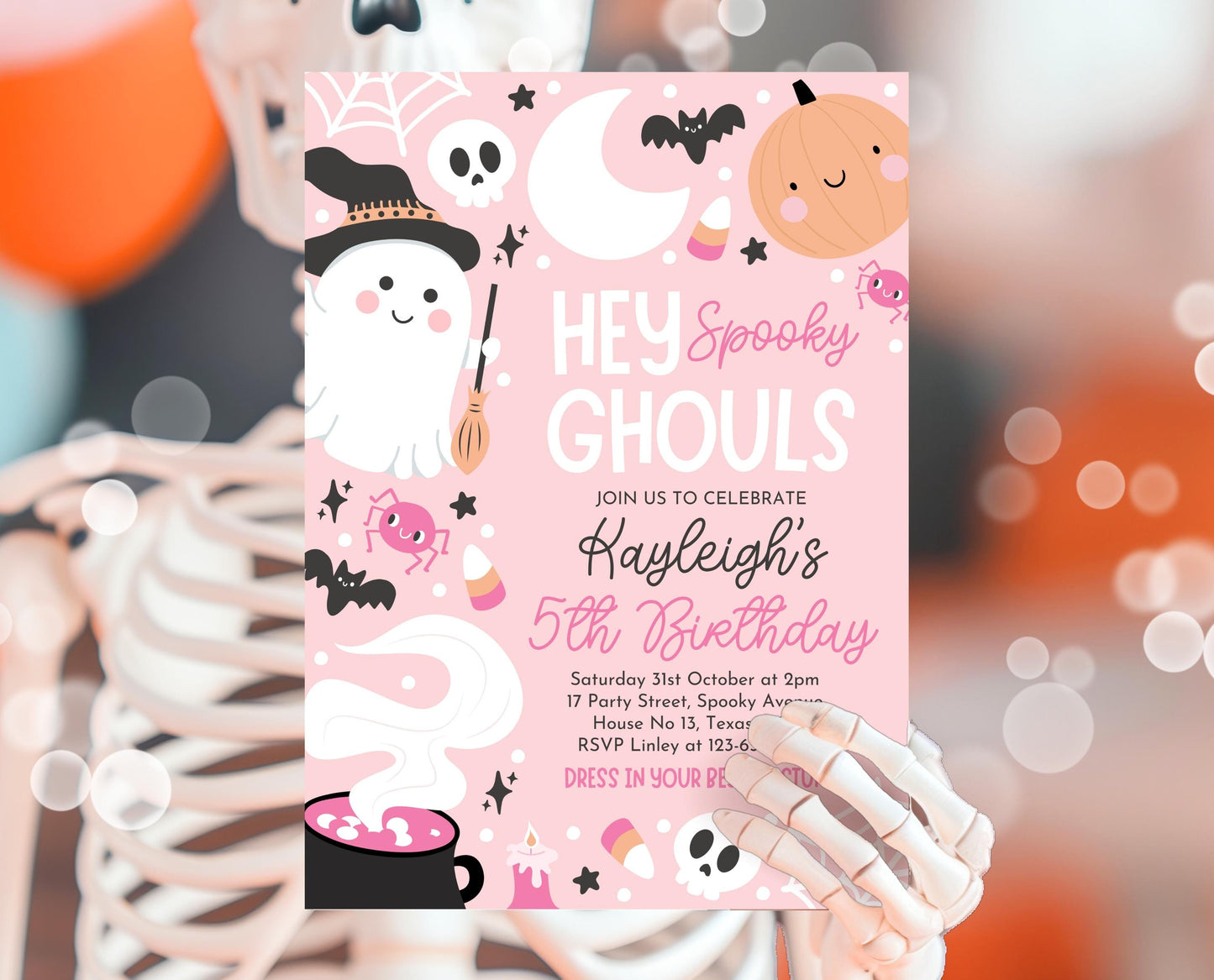 Editable Pink Halloween Birthday Invitation, Halloween Costume Party Invitation, Hey Ghouls Invitation, Pink Halloween Invitation, PHBP04