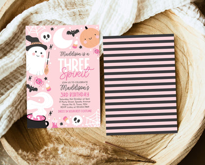 Editable Pink Halloween Birthday Invitation, Halloween Third Birthday Invitation, Three Spirit Invitation, Pink Halloween Invitation, PHBP04