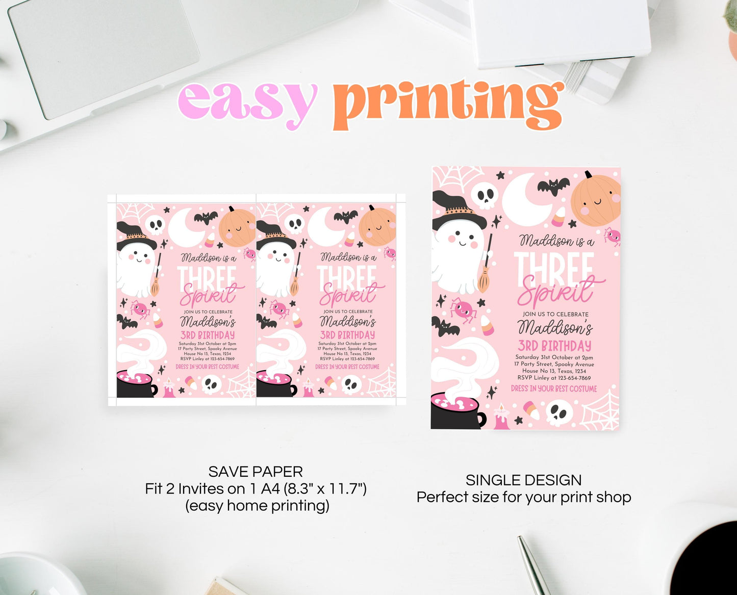 Editable Pink Halloween Birthday Invitation, Halloween Third Birthday Invitation, Three Spirit Invitation, Pink Halloween Invitation, PHBP04