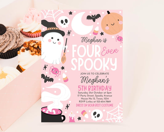 Editable Pink Halloween Birthday Invitation, Halloween Costume Party Invitation, Four Ever Spooky Invite, Pink Halloween Invitation, PHBP04