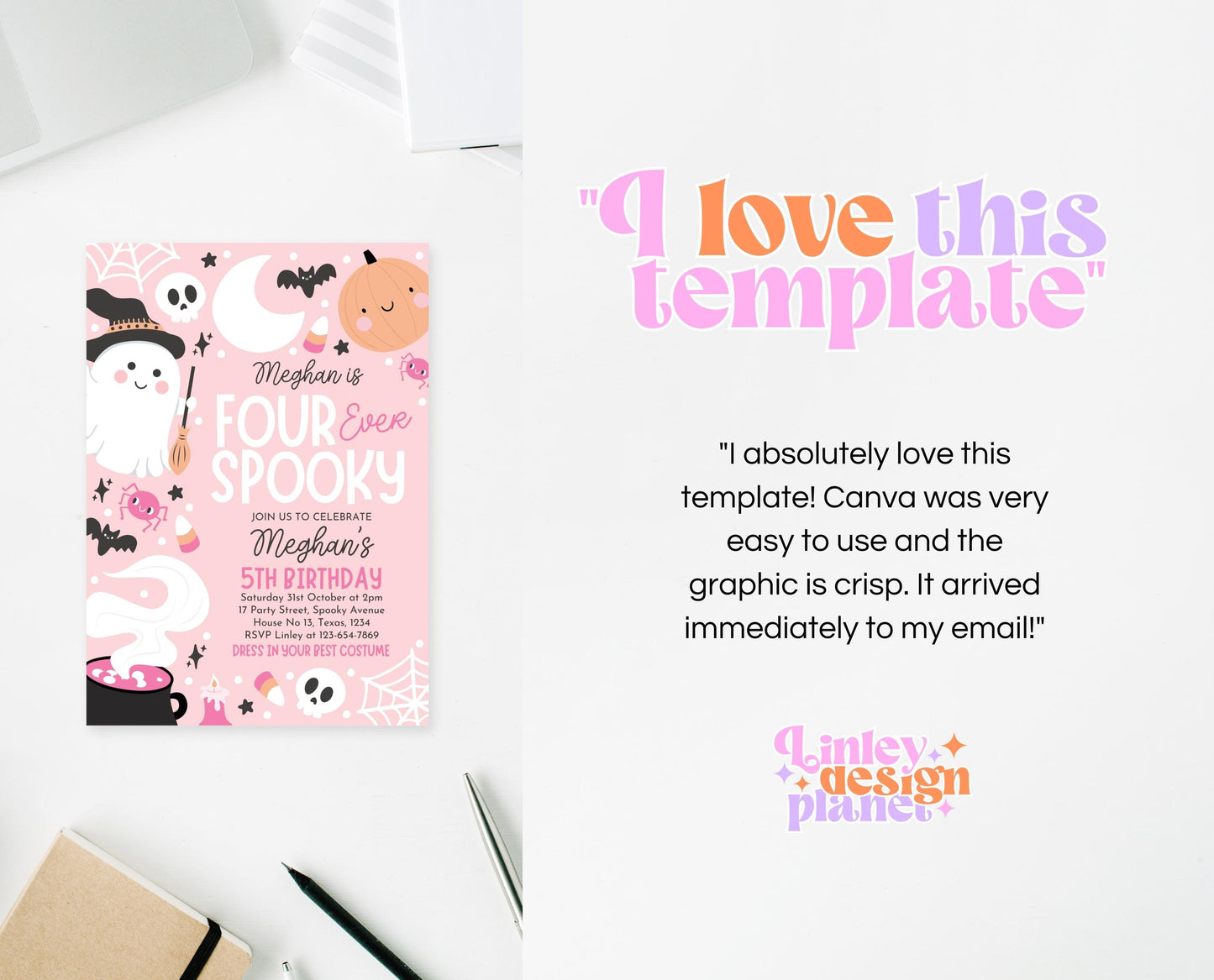 Editable Pink Halloween Birthday Invitation, Halloween Costume Party Invitation, Four Ever Spooky Invite, Pink Halloween Invitation, PHBP04