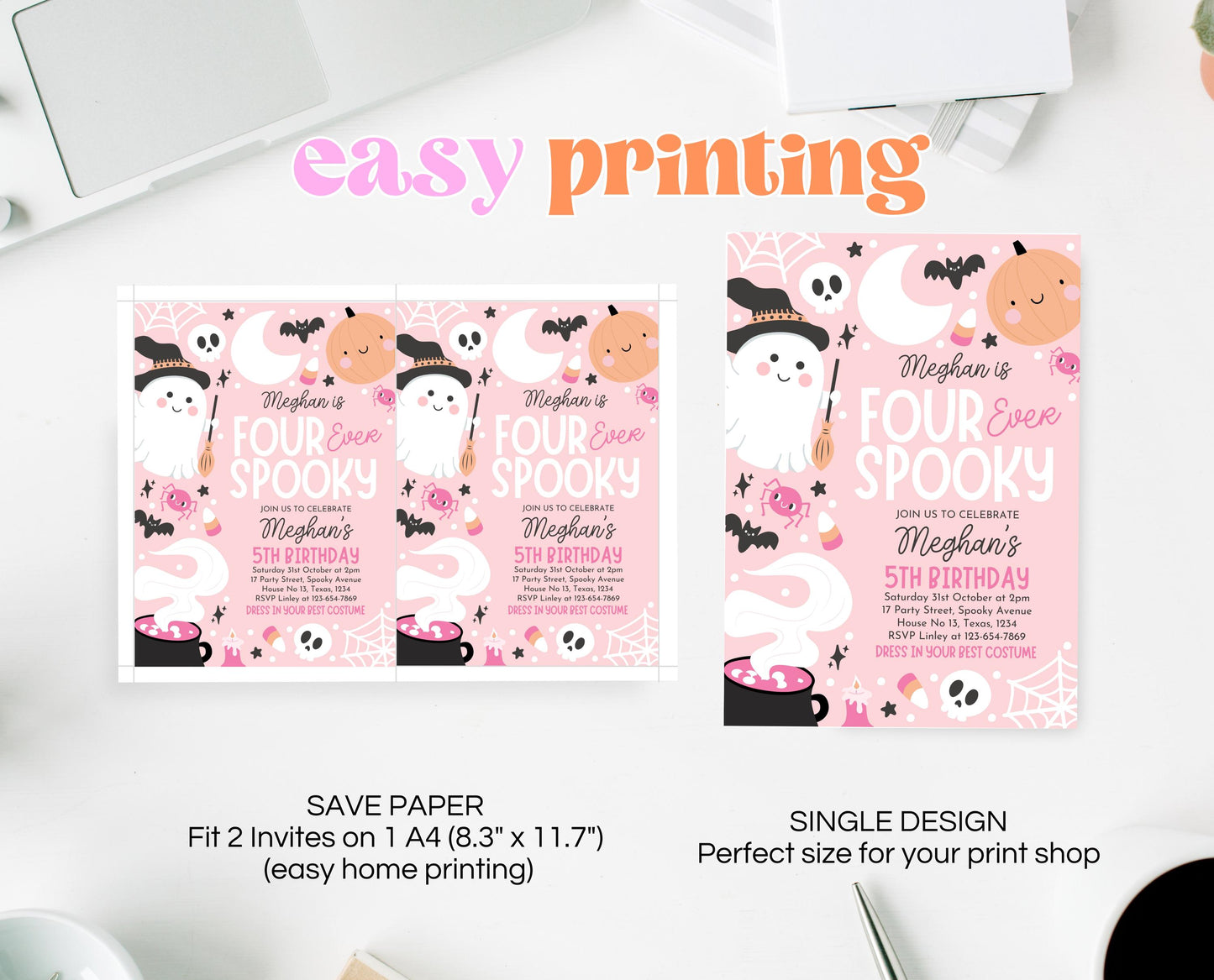 Editable Pink Halloween Birthday Invitation, Halloween Costume Party Invitation, Four Ever Spooky Invite, Pink Halloween Invitation, PHBP04