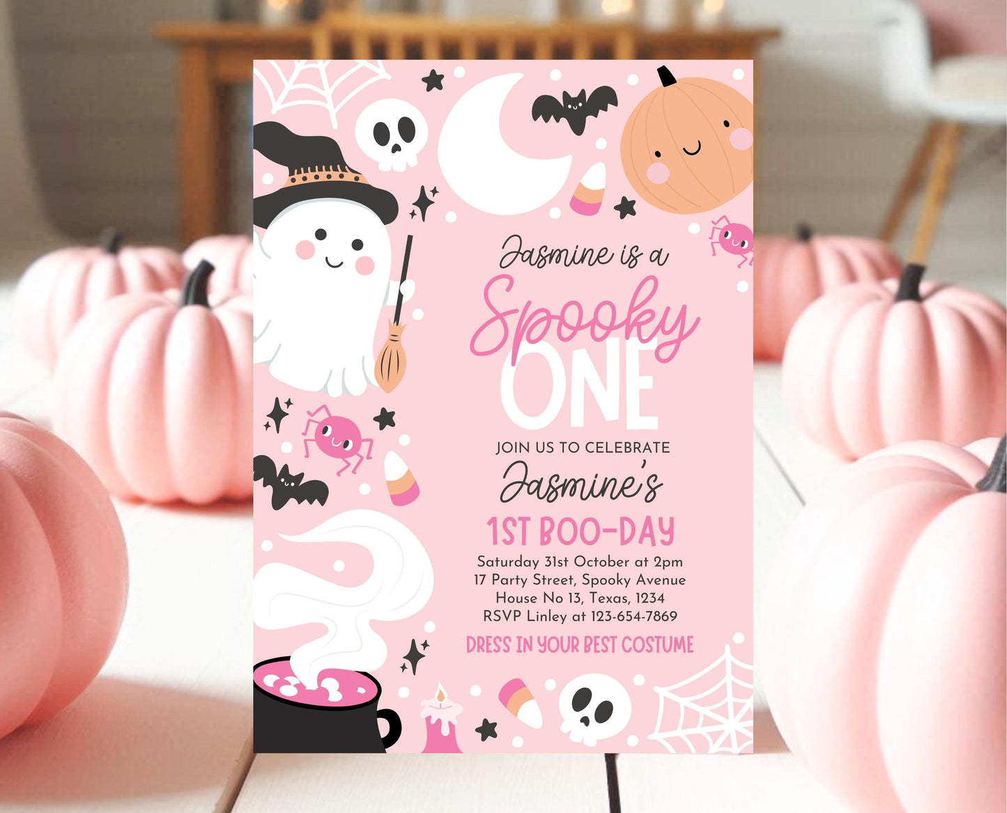 Editable Pink Halloween Birthday Invitation, Halloween First Birthday Invitation, Spooky One Invite, Pink Halloween Invitation, PHBP04
