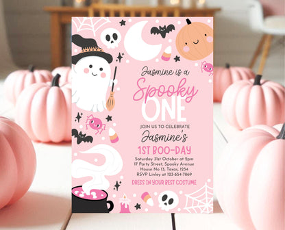 Editable Pink Halloween Birthday Invitation, Halloween First Birthday Invitation, Spooky One Invite, Pink Halloween Invitation, PHBP04
