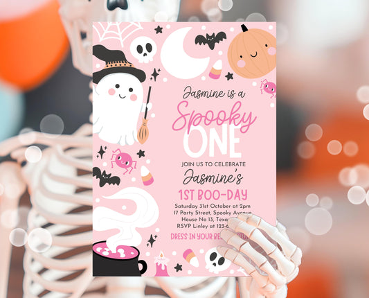 Editable Pink Halloween Birthday Invitation, Halloween First Birthday Invitation, Spooky One Invite, Pink Halloween Invitation, PHBP04