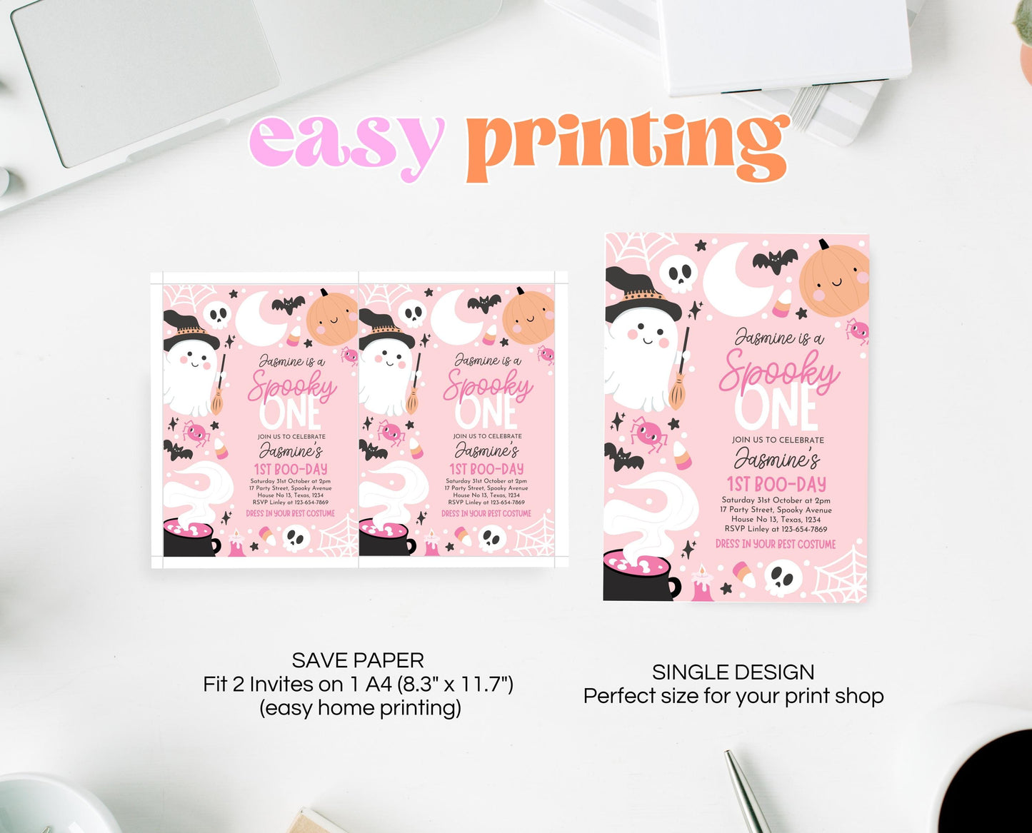 Editable Pink Halloween Birthday Invitation, Halloween First Birthday Invitation, Spooky One Invite, Pink Halloween Invitation, PHBP04
