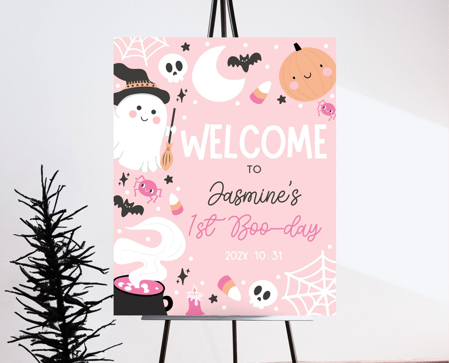 Editable Pink Halloween Birthday Welcome Sign, Halloween Party Welcome Poster, Ghouls Party, Pink Halloween Sign, Instant Download, PHBP04