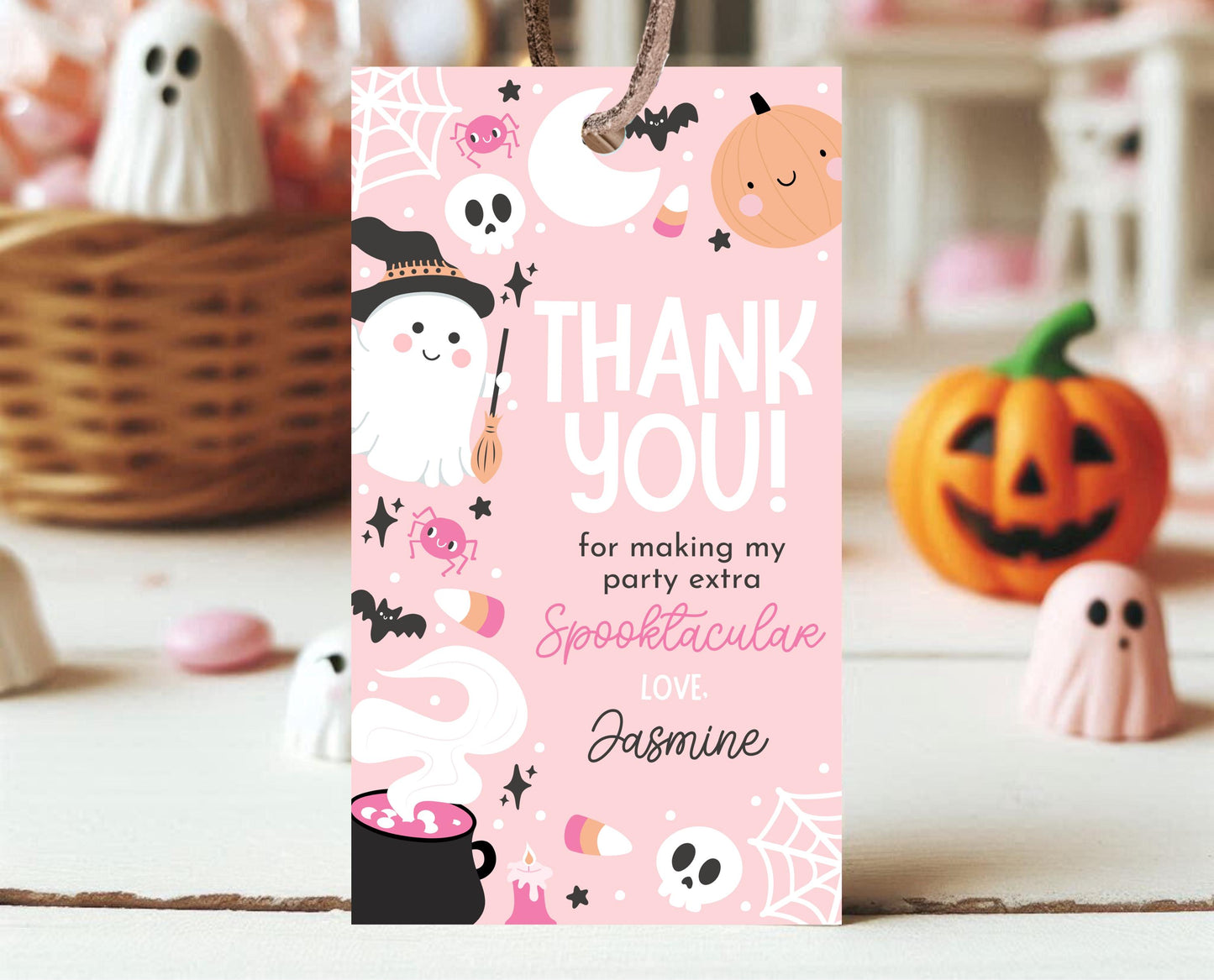 Editable Pink Halloween Favor Tag, Halloween Birthday Thank You Tag, Spooky Party Favors, Halloween Gift Tag Template, Printable, PHBP04