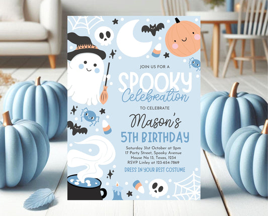 Editable Blue Halloween Birthday Invitation, Halloween Spooky Celebration Invitation, Blue Ghost Invite, Blue Halloween Invitation, PHBP05