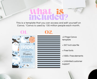 Editable Blue Halloween Birthday Invitation, Halloween Spooky Celebration Invitation, Blue Ghost Invite, Blue Halloween Invitation, PHBP05