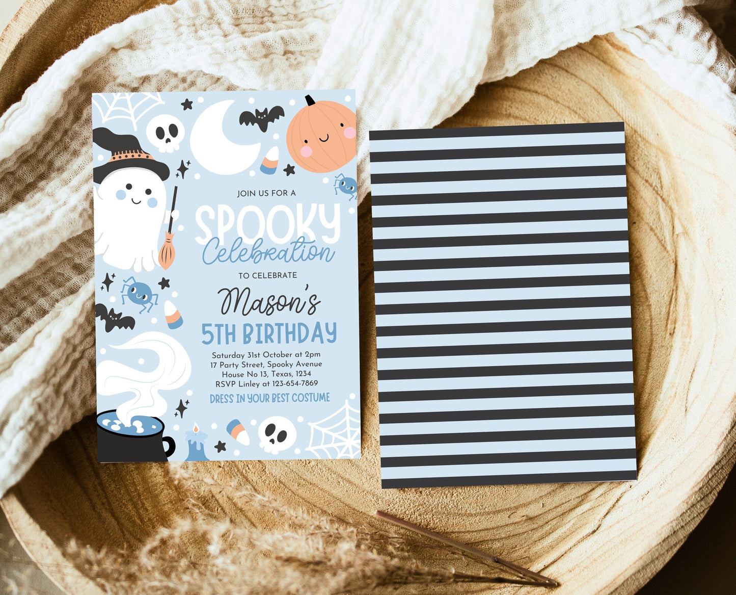 Editable Blue Halloween Birthday Invitation, Halloween Spooky Celebration Invitation, Blue Ghost Invite, Blue Halloween Invitation, PHBP05