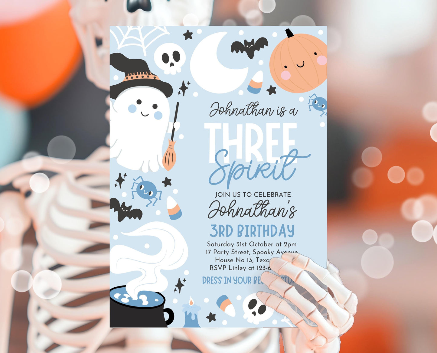 Editable Blue Halloween Birthday Invitation, Halloween Third Birthday Invitation, Three Spirit Invitation, Blue Halloween Invitation, PHBP05