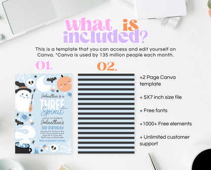 Editable Blue Halloween Birthday Invitation, Halloween Third Birthday Invitation, Three Spirit Invitation, Blue Halloween Invitation, PHBP05