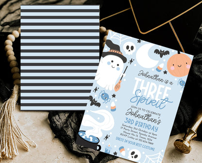 Editable Blue Halloween Birthday Invitation, Halloween Third Birthday Invitation, Three Spirit Invitation, Blue Halloween Invitation, PHBP05