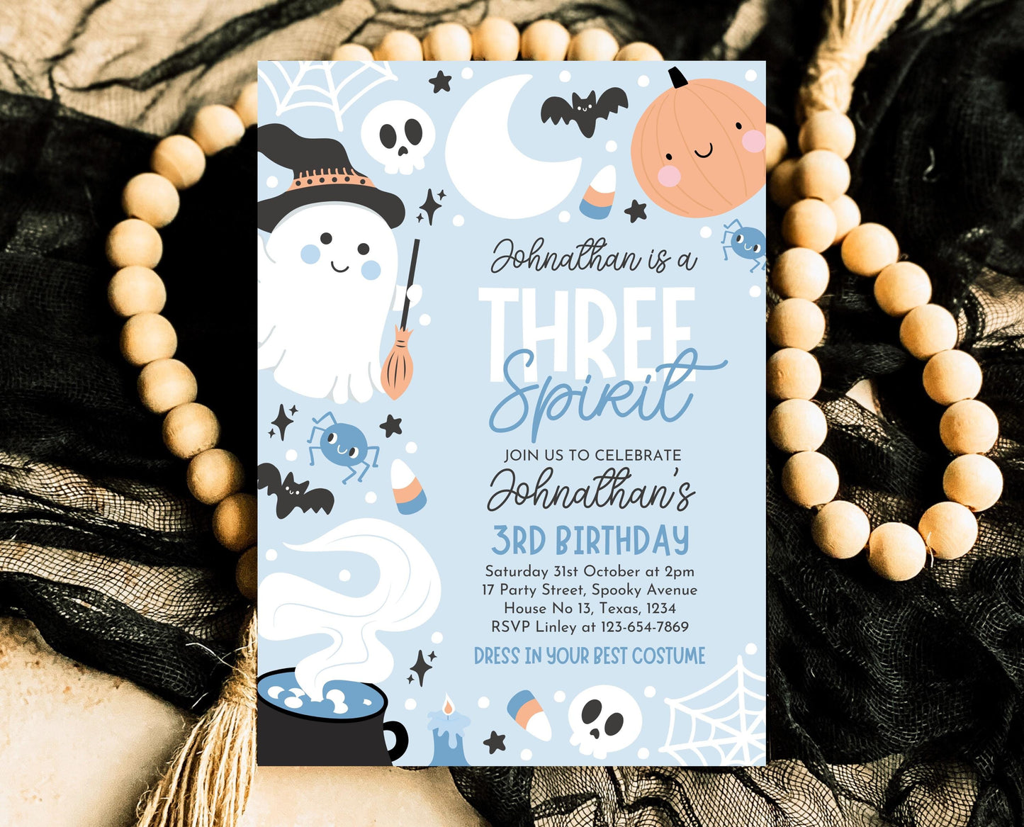 Editable Blue Halloween Birthday Invitation, Halloween Third Birthday Invitation, Three Spirit Invitation, Blue Halloween Invitation, PHBP05