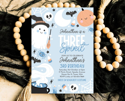 Editable Blue Halloween Birthday Invitation, Halloween Third Birthday Invitation, Three Spirit Invitation, Blue Halloween Invitation, PHBP05