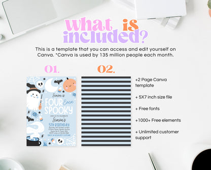 Editable Blue Halloween Birthday Invitation, Halloween Fourth Birthday Invitation, Four Ever Spooky Invite, Blue Halloween Invite, PHBP05