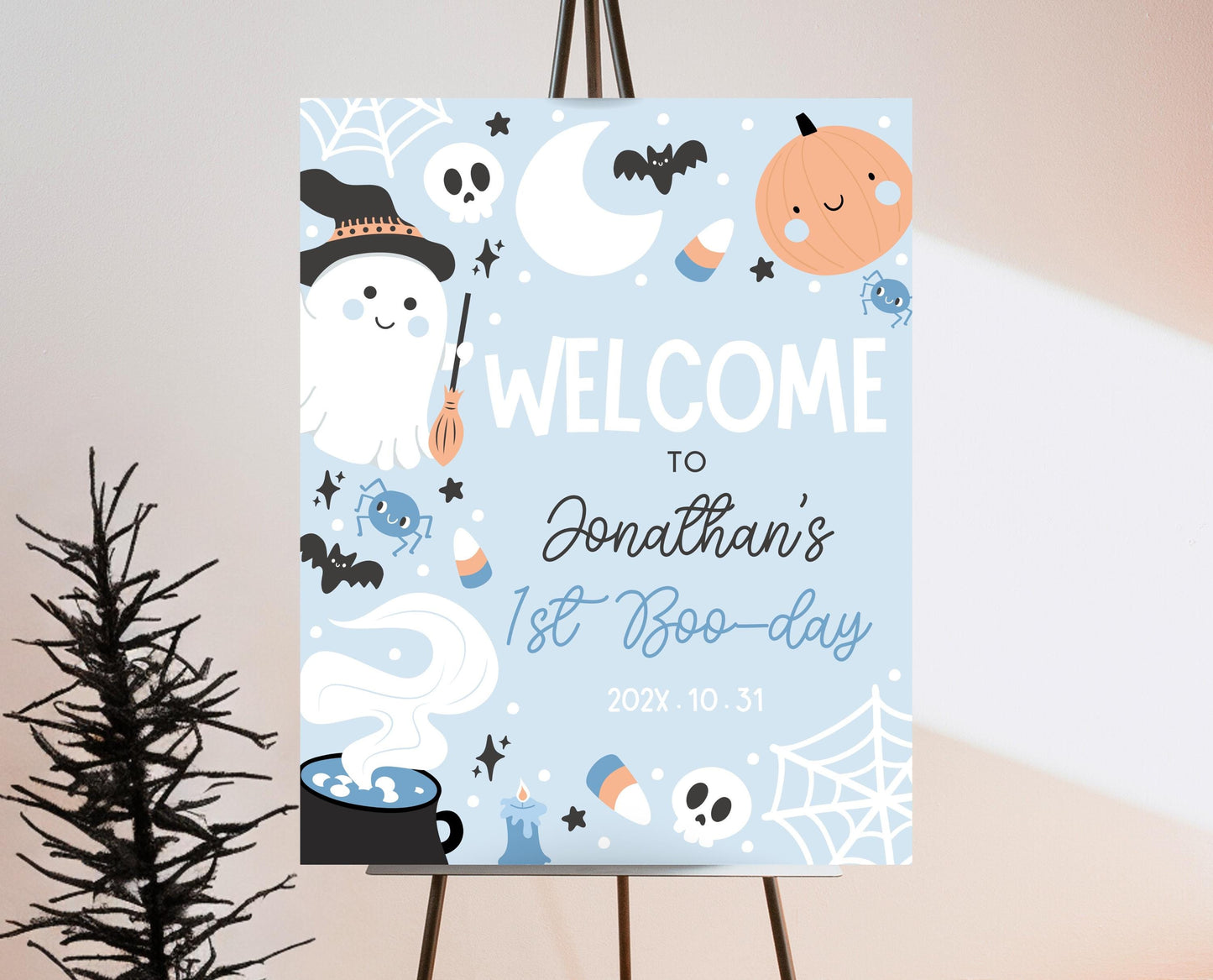 Editable Blue Halloween Birthday Welcome Sign, Halloween Party Welcome Poster, Ghouls Party, Blue Halloween Sign, Instant Download, PHBP05
