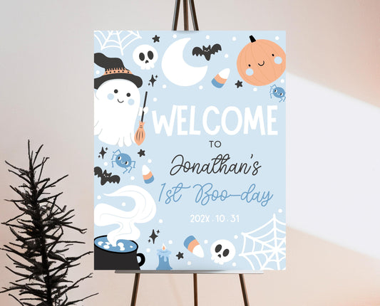 Editable Blue Halloween Birthday Welcome Sign, Halloween Party Welcome Poster, Ghouls Party, Blue Halloween Sign, Instant Download, PHBP05