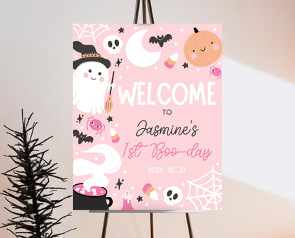 Editable Pink Halloween Birthday Welcome Sign, Halloween Party Welcome Poster, Ghouls Party, Pink Halloween Sign, Instant Download, PHBP04