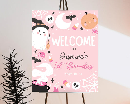 Editable Pink Halloween Birthday Welcome Sign, Halloween Party Welcome Poster, Ghouls Party, Pink Halloween Sign, Instant Download, PHBP04